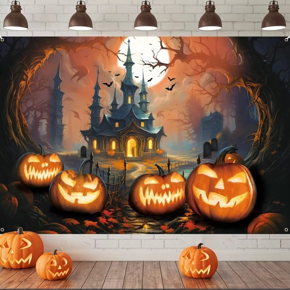 Spooky Halloween Castle Wall Art with Pumpkins - Picture 1 of 8